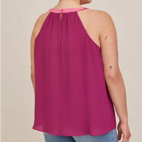TORRID 3 Plus Size Georgette Halter Tank Berry Pink Colorblock Sleeveless Blouse - Picture 3 of 16